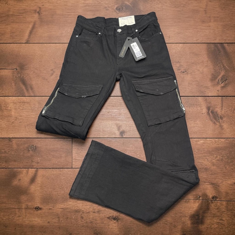 NEW FWRD Denim Fit 2 Stacked Cargo Pants‎ Jet Black 32x36 Distressed Streetwear